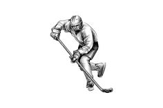 a black and white drawing of a person playing ice hockey with a stick in his hand