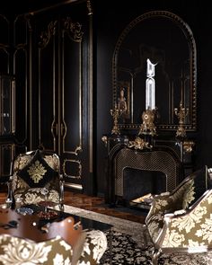 an ornate living room with black walls and gold accents