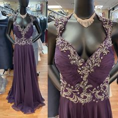 Long Chiffon Purple Dress With Open Back And Beautiful Beading. Dress By Macduggal Size 20 Embellished Sleeveless Chiffon Gown, Embellished Chiffon Mother Of The Bride Dress For Gala, Elegant Purple Beaded Dress, Purple Medieval Dress, Asgardian Dress, Dresses With Pearls, Royal Purple Dress, Long Purple Dress, Roman Dress