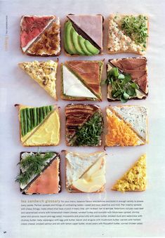 an advertisement for sandwiches with different types of food on it's sides, including avocado and other toppings