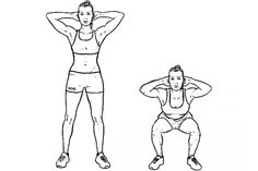 a man and woman doing squats with their hands behind their head, in front of the