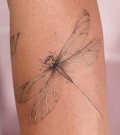 a woman's thigh with a dragonfly tattoo on it