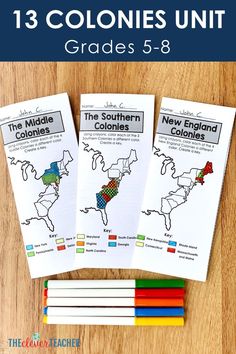 three coloring pages with the map of the united states and text that reads 13 colonial countries unit