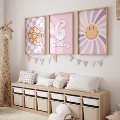 a child's room decorated in pink, purple and white