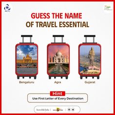 three suitcases with the words guess the name of travel essential