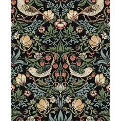 an intricately designed wallpaper with birds and flowers in black, pink, yellow and green