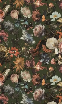 an image of a floral wallpaper with many different flowers on it's green background