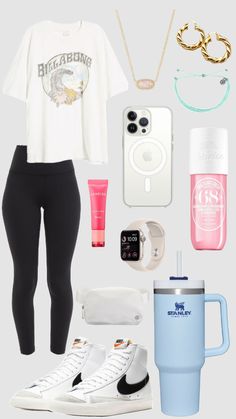 the contents of a woman's outfit including sneakers, coffee cup and cell phone