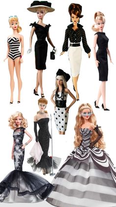 barbie dolls are dressed in black and white dresses with polka dots on the skirts, hats, and tails