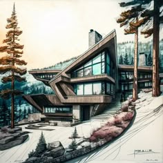 this is an artist's rendering of a house in the woods with snow on the ground