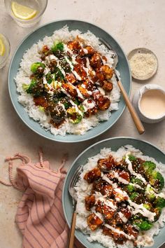 two plates filled with rice and meat covered in sauce