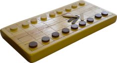 a close up of a wooden board game with many knobs and numbers on it