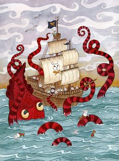 an octopus attacking a pirate ship in the ocean