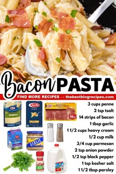 the recipe for bacon pasta is shown in this poster with instructions to make it easy and delicious