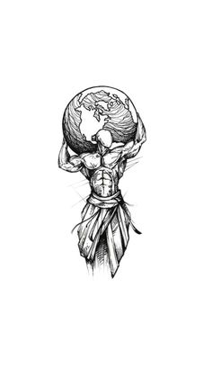 a black and white drawing of a man holding the earth on his shoulders with one hand