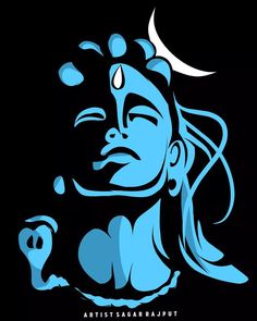 a blue drawing of a woman's face on a black background with the moon above her head