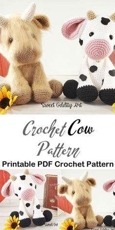 two stuffed animals sitting next to each other with the words crochet cow pattern on them