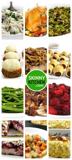 many different types of food are shown in this collage with the words skinnyy kitchen club