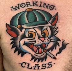 American Traditional Bigfoot Tattoo, Punk Aesthetic Tattoo, Traditional Cat Tattoo Flash, American Trad Animal Tattoo, Pill Tattoo Ideas, Working Class Tattoo, Cat Traditional Tattoo, American Trad Tattoo, Vintage Traditional Tattoo