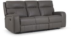 a gray leather reclining sofa with two armrests and one end facing the camera