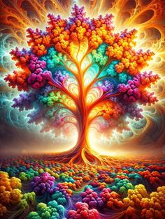 a painting of a colorful tree with many colors and swirls in the trees,