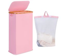 a pink trash can next to a white bag