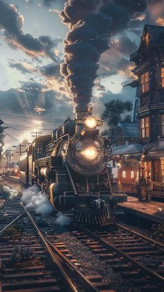 Majestic steamtrain ariving at train station in the golden era of railroad.  #illustration #steamtrain #railroad #pioneer #goldenera Railroad Illustration, Fantasy Train, Train Station Art, Train Artwork, Train Wallpaper, Cool Galaxy Wallpapers, Railroad Art, Train Art, Old Trains