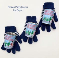 three pairs of blue gloves and one has a can of frozen party favors for boys