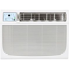 the window air conditioner is white and has an electronic timer on it's side