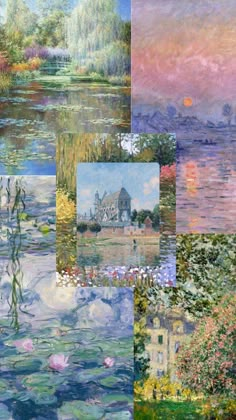 four different paintings with water lilies and trees in them, one has a house on the other side