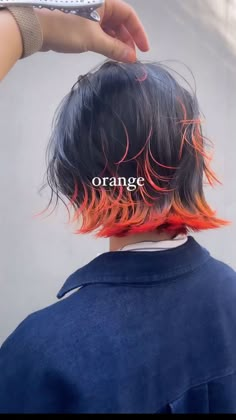 Fox Tip Hair Dye, Fox Color Hair Tips, Hair Color Styles For Short Hair, Dipped Tips Hair, Bob With Colored Tips, Dark Hair Orange Highlights, Fox Hair Color Style, Black Hair With Orange Tips, Fox Color Hair Dye