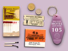 an assortment of items that include matches, tickets and other items on a purple background