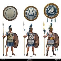 three different types of roman soldiers with spears and shields on their heads, standing next to each other