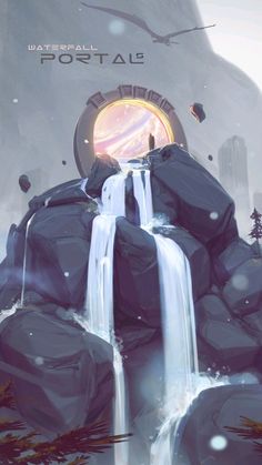 a digital painting of a waterfall in front of a portal