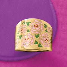 Ross-Simons - Italian Multicolored Enamel Floral Ring in 14kt Yellow Gold. Size 9. Finely crafted in Italy, this charming ring showcases a glorious floral design bright with pink, red and green enamel. Ultra-versatile in polished 14kt yellow gold. You'll adore the feminine springtime touch this statement ring will add to any look in your wardrobe. 3/4" wide. Multicolored enamel floral ring. Yellow Gold Enamel Flower Ring Gift, Gold Hallmarked Enamel Ring Fine Jewelry, Elegant Adjustable Gold Enamel Ring, Gold Flower-shaped Enamel Ring, Gold Enamel Multi-stone Ring Fine Jewelry, Green Enamel, Spring Time, Floral Rings, Statement Rings