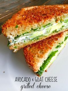 a grilled cheese sandwich on a plate with the words avocado and goat cheese grilled cheese