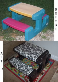 before and after photos of a child's wooden step stool with no back cushions