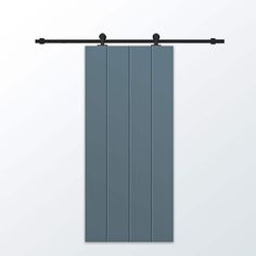 an image of a blue sliding door with black hardware on the top and bottom bars