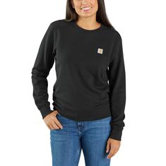 PRICES MAY VARY. Relaxed Fit Rib-knit collar, cuffs and waistband Carhartt label on wearers front left Center Back Length 24.0" Womens Carhartt Sweatshirt, Carhartt Sweatshirt, Carhartt Sweatshirts, Carhartt Womens, Carhartt Women, Style Sweatshirt, Clothing Black, Plus Size Hoodies, Black Sweatshirt