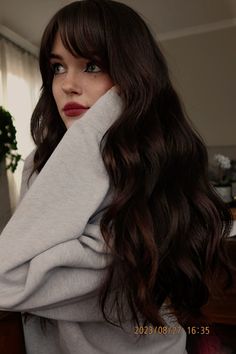 Long Brown Hair And Bangs, Long Dark Brown Hair Curtain Bangs, Dark Brown With Curtain Bangs, Woman With Long Brown Hair, Long Dark Hairstyles Brunettes, Long Chocolate Brown Hair With Bangs, Bombshell Hair With Bangs, Chocolate Brown Hair Bangs, Brunette Long Layered Hair