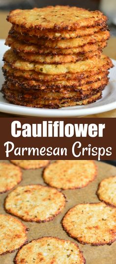 some food is stacked on top of each other with the words cauliflower parmesan crispes