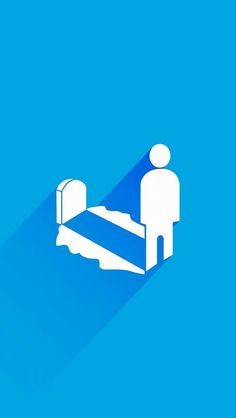 two people standing next to a bed on a blue background with long shadow in the middle