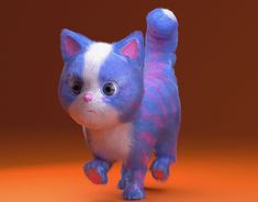 a blue and white kitten with big eyes on an orange background is looking at the camera