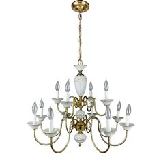 a chandelier with white glass and gold accents