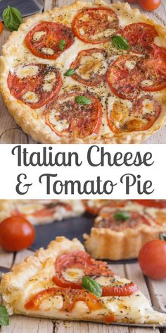 a pizza with tomatoes and cheese on top is shown in two different pictures, one has the