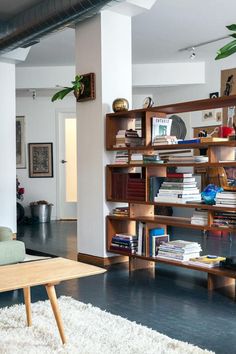 a living room filled with furniture and bookshelves