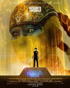 a poster for the movie ready player one with a man standing in front of him