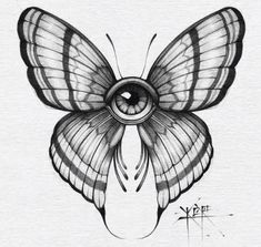 a black and white drawing of a butterfly with an eye