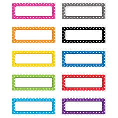 colorful polka dot name tags with white dots on the bottom and green, yellow, blue, red, orange, pink, purple