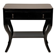 a small black table with two drawers on one side and an open drawer on the other